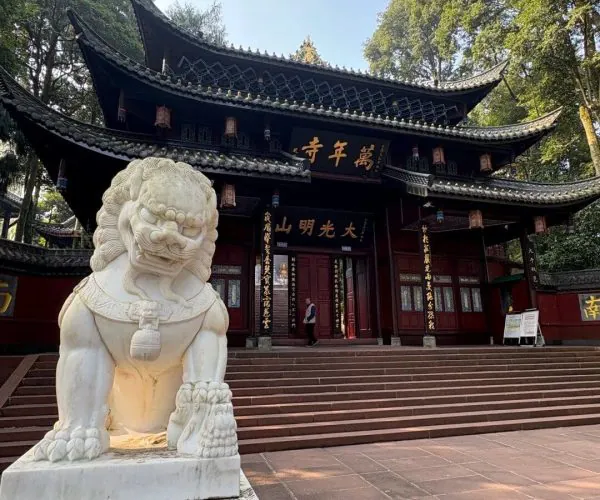 Wannian Temple,Leshan,Chinatravel Stone guardian lion statue at the entrance of a traditional Chinese temple, with curved tiled roofs and red doors, set among trees on a sunny day.