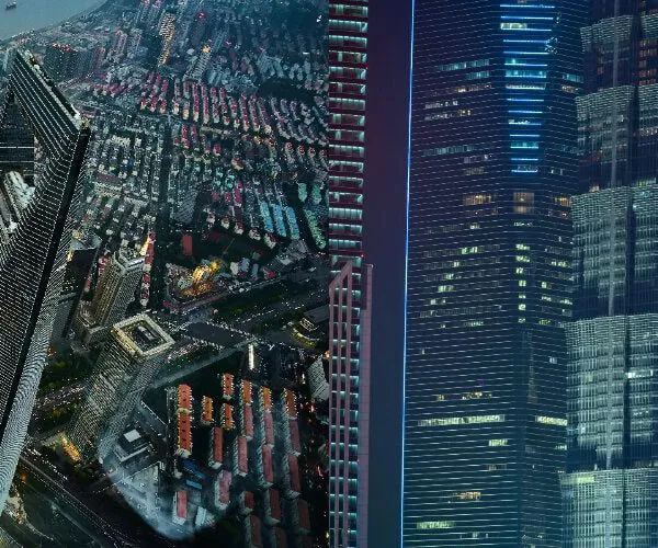 shanghai, china, china tour, Night aerial view of a dense city at night with a river and glowing skyscrapers along the waterway.