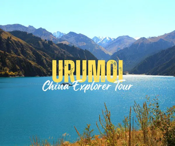 Urumqi,Xinjiang,China tour Promotional travel poster featuring a turquoise lake and mountain range with bold yellow 'URUMQI' and white script 'China Explorer Tour'.