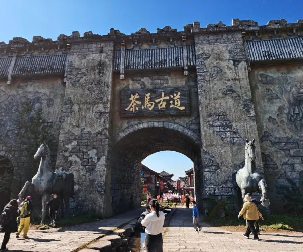 Puge Ancient Tea Horse Road Town,Shangri-La,Chinatravel Ancient stone city gate with an arched entrance, a wooden sign with golden Chinese characters, and two horse statues flanking the doorway as visitors walk through.