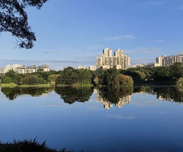 Nanhu Lake Park,Nanning,Chinatravel Calm lake reflecting green trees and beige apartment buildings under a blue sky.