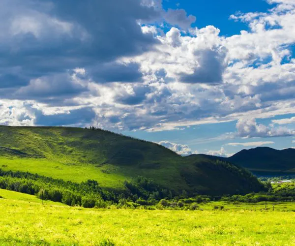 Hulunbuir Weather,Hulunbuir,Chinatrip Rolling green hills and a sunlit meadow under a dramatic blue sky with white clouds