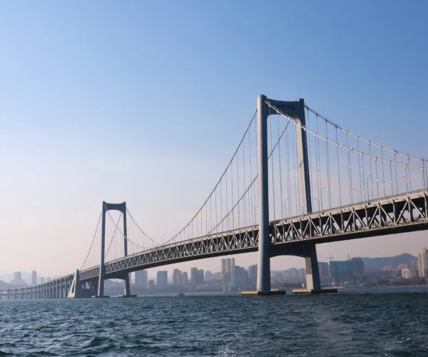 Dalian Weathe,Dalian,Chinatravel Suspension bridge spanning a wide body of water with tall towers and a city skyline in the distance.
