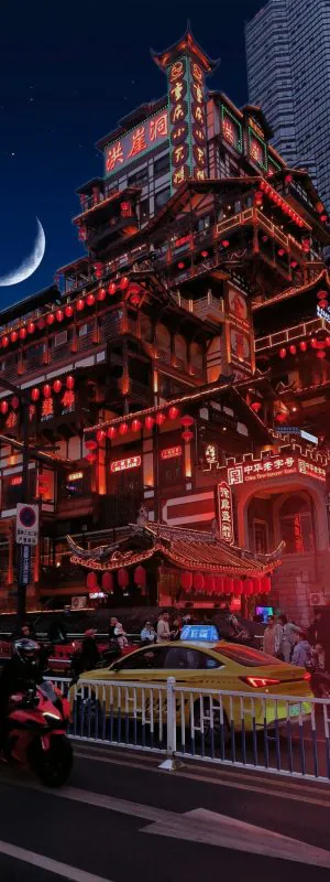 hongya cava, chongqing, china tour, Night panorama of a multi-tiered traditional Chinese building lit with red lanterns and neon signs, crescent moon in dark sky, busy street below with taxis and scooters.