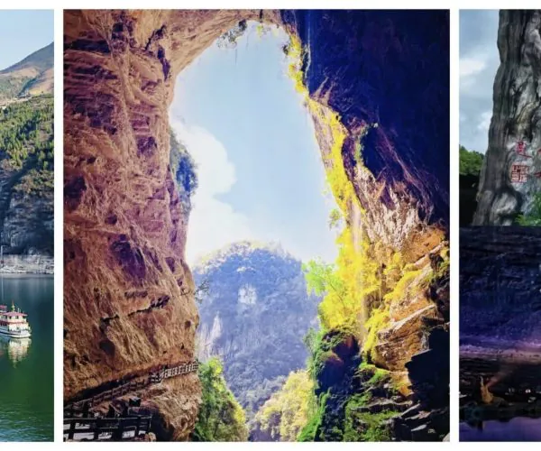 Chongqing, chinatrip, Triptych of a river gorge with a boat, a sunlit cave opening revealing cliffs and trees, and a large Buddha statue beside a rocky overlook with red Chinese characters.