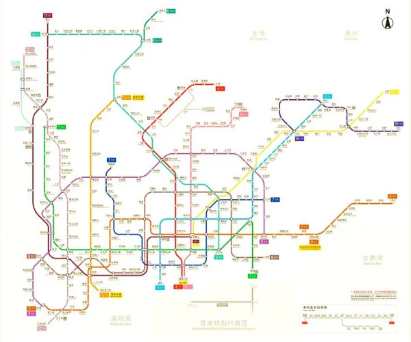 Shenzhen metro,Shenzhen,Transportation Shenzhen metro system map showing multiple colored lines and station labels, with a compass rose at the top-right and ‘System Map’ text.