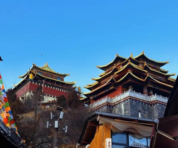 Dukezong Ancient Town,Shangri-La,Chinatravel Tiered Chinese pagoda-style rooftops on a hillside under a bright blue sky, with colorful prayer flags and market stalls in the foreground.