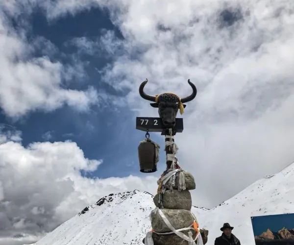 Sejila Mountain,Nyingchi,China tour Stone cairn with a horned black bull head statue, wrapped in cloths and flags, with a sign reading '77 2' and snow-covered mountains in the background, plus tourists nearby.