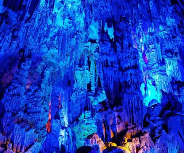 Reed Flute Cave,Guilin,Chinatravel Blue-lit underground cave interior with stalactites and stalagmites forming jagged columns. Any lighting emphasizes blue hues throughout the cavern.