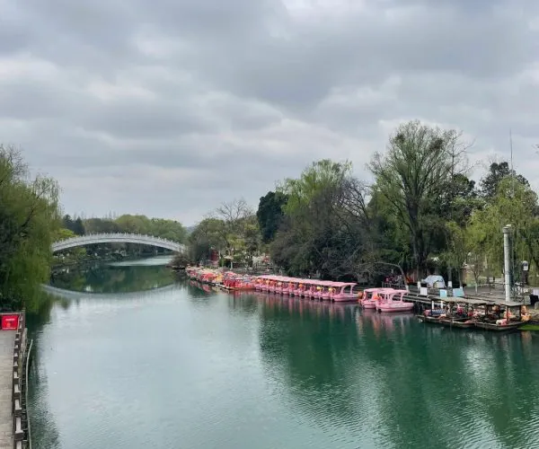Huaxi Scenic Area,Guiyang,Chinatrip Row of pink paddle boats moored along a calm river with a white arched bridge in the distance under a cloudy sky