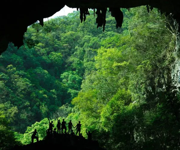 Libo Karst Forest,Guiyang,Chinatrip Silhouetted hikers stand on a rocky cave ledge, overlooking a dense green forest beyond.